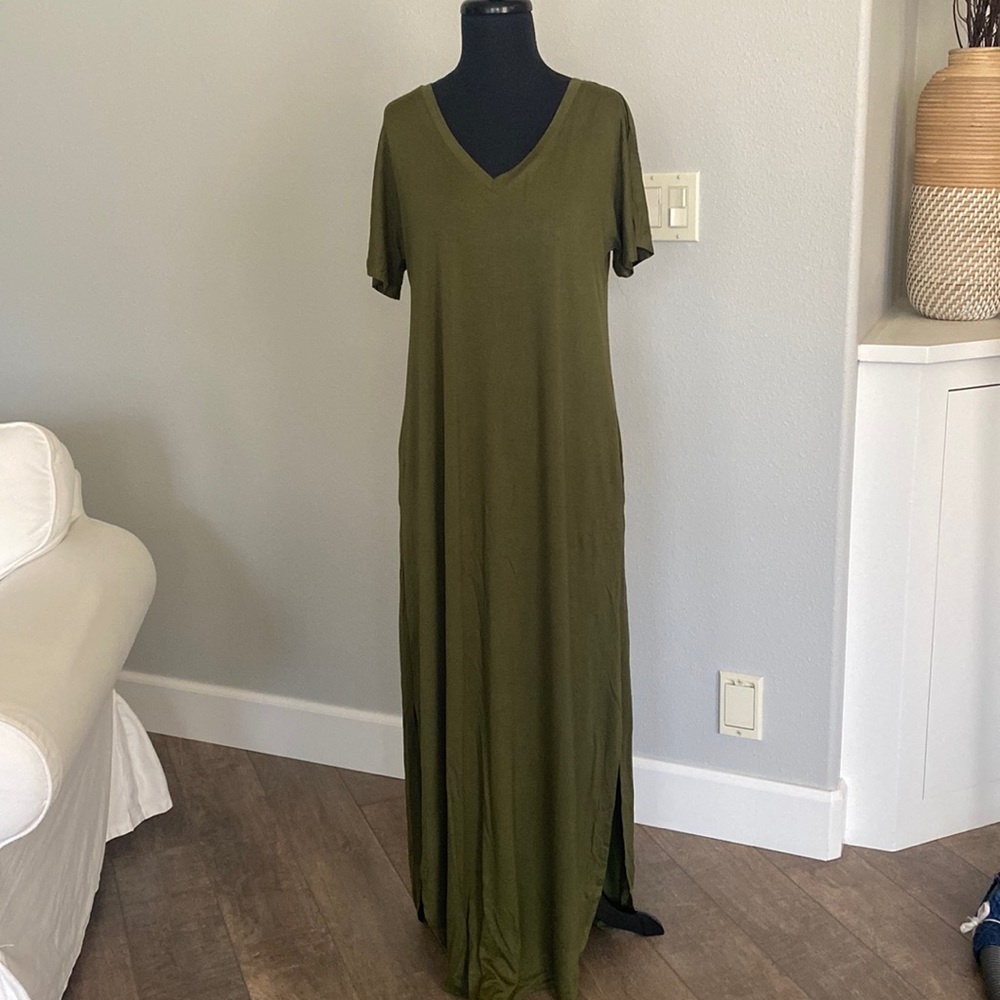 Full length olive green cotton dress with pockets.